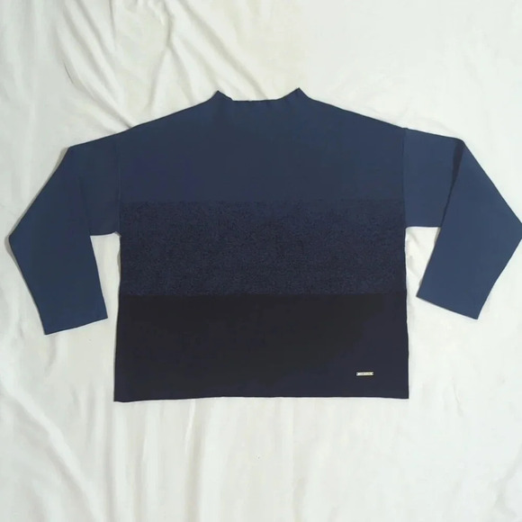 Anne Klein Mock-Neck Colorblock Viscose Blend Boxy Sweater, Color Blue/Blck Sz L - Picture 4 of 15
